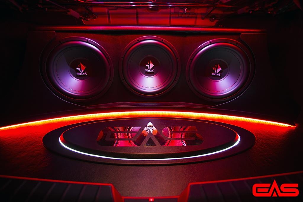 Custom HELIX three-subwoofer installation in vehicle trunk